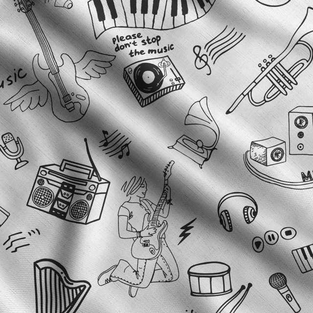 Soimoi Musical Instruments Print, Poly Taffeta Fabric, Decor Sewing Fabric by The Yard 56 Inch Wide, Decorative Fabric for Outdoor Upholstery, Umbrellas and Home Accents, White & Black