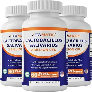 Vitamatic Lactobacillus Salivarius 2 Billion per DR Capsule - 60 Count - Digestive Support - Made with Prebiotic Inulin Fiber (3 Bottles)