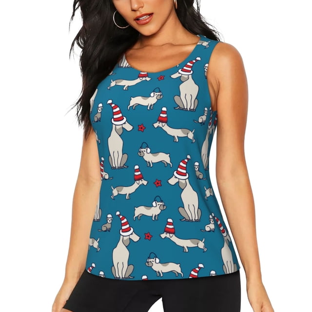 Fotbe Festive Dachshund Fun Blusas Sin Mangas para Mujer – Estilo Casual, Corte Suelto, Slim-Fit, Cuello Redondo Deportivo, Tops de Verano para Gimnasio y Yoga-Small