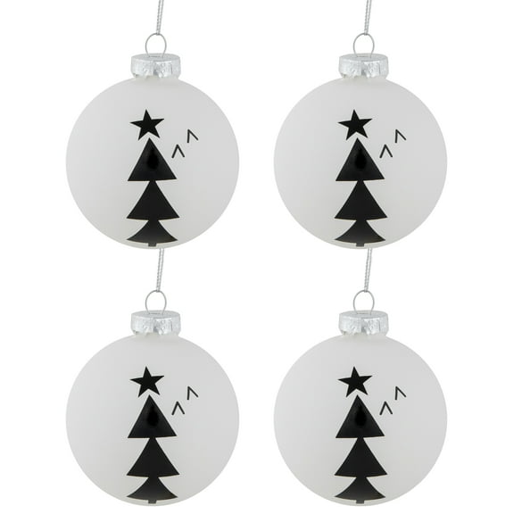 Northlight Star Topped Trees Glass Ball Christmas Ornaments - 3" - White and Black - 4ct