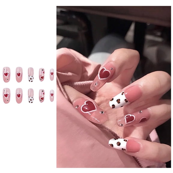 JYYYBF 24PCS Salon Like Press on Nails Nude Fake Nails for Women with Cow Heart Design