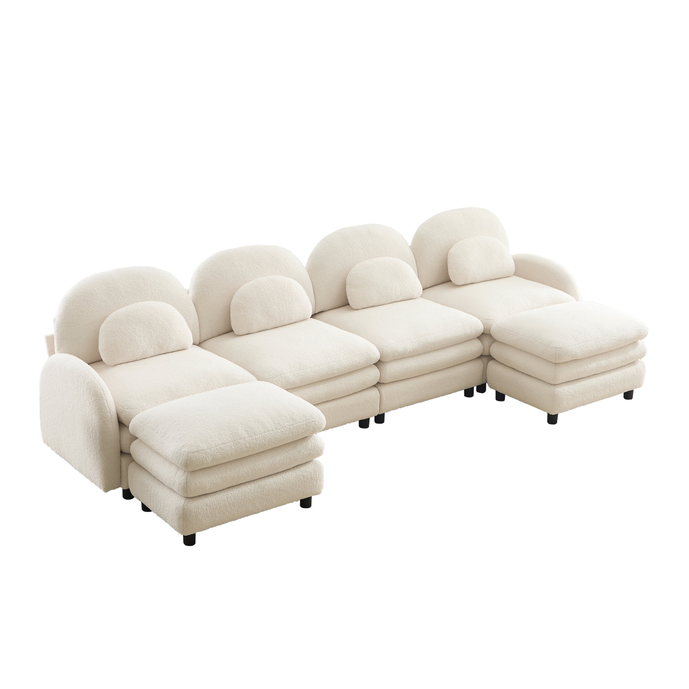 Noble House Windsor Teddy Fabric 4-Seater Sectional Sofa, Modular Cloud Couch with 2 Ottomans and Lumbar Pillows, Beige