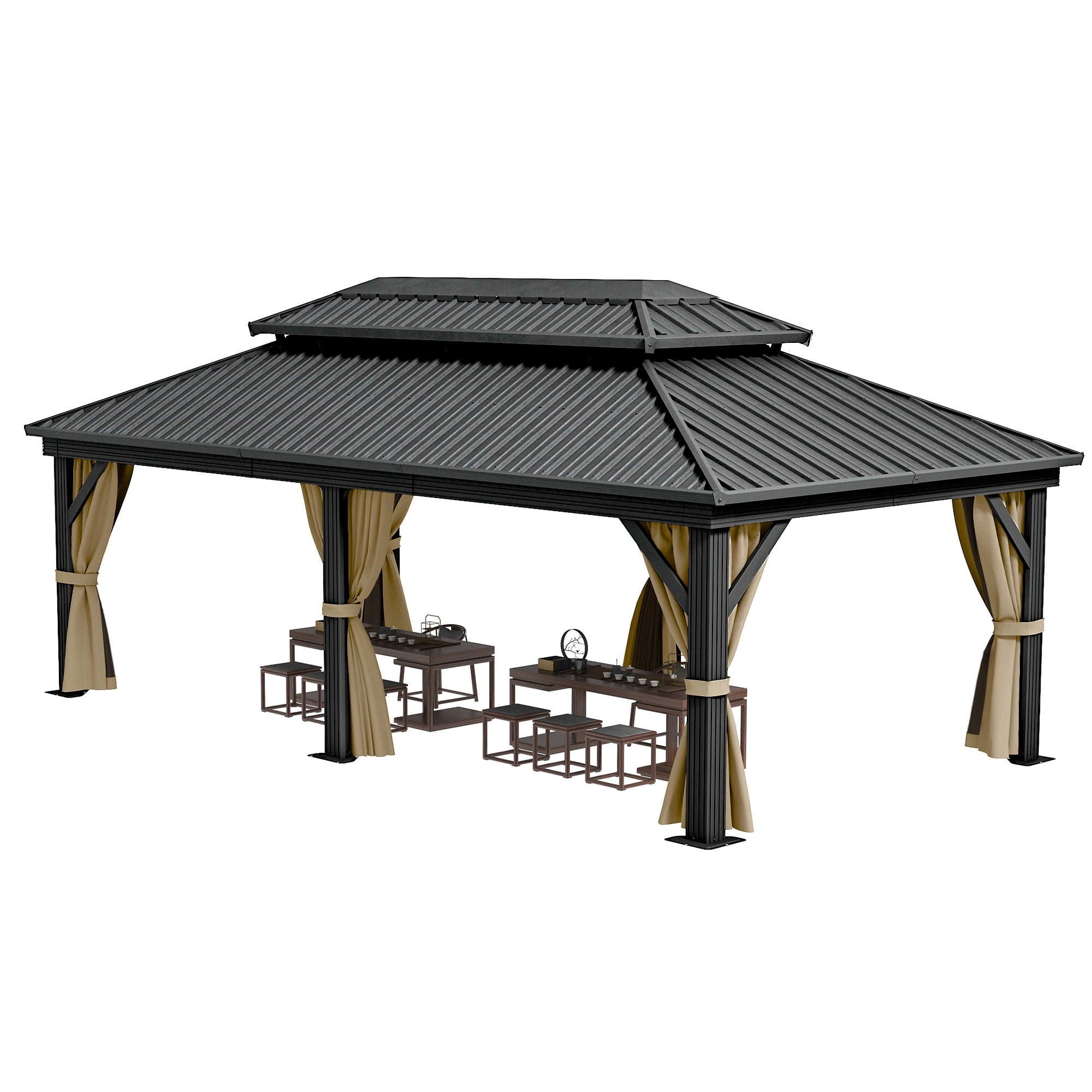 Dextrus 12x18ft Outdoor Hardtop Gazebo with Netting & Brown Curtains,Double Roof Outdoor Galvanized Iron Aluminum Frame Garden Tent for Patio, Backyard, Black&Brown