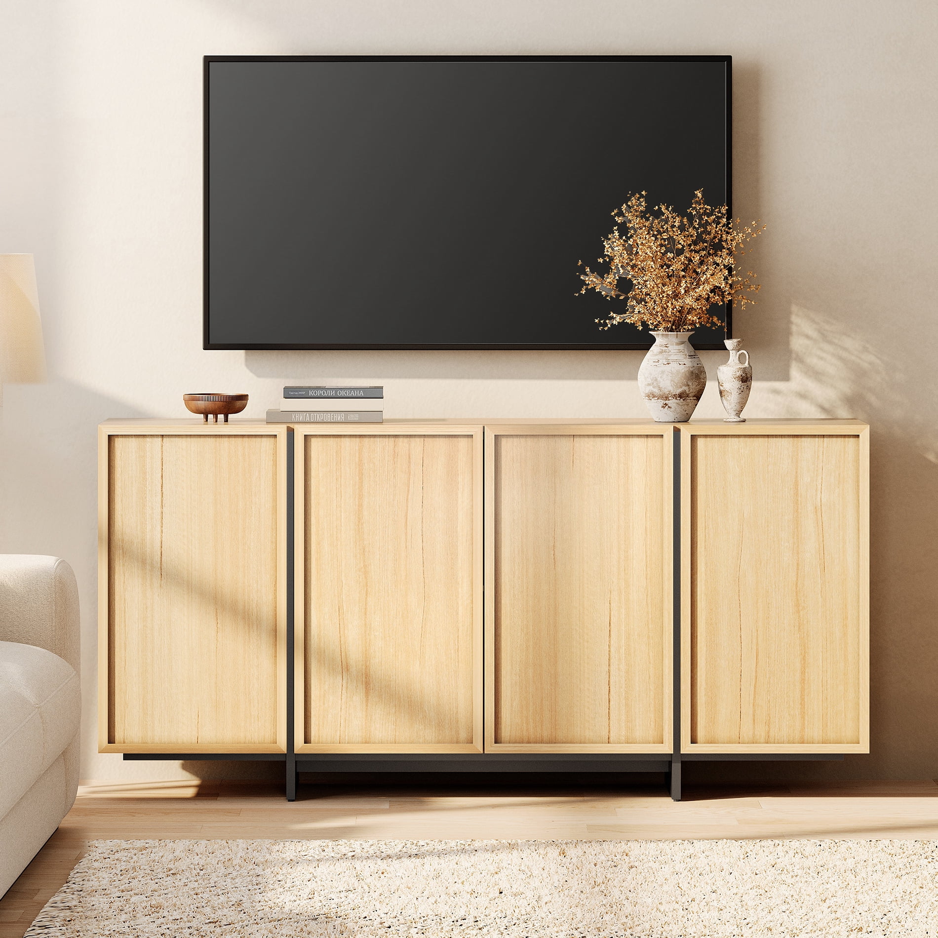 WAMPAT Modern TV Stand - Entertainment Center Console for 70" TVs, with 4 Closed Storage Doors & T-Shaped Wood Legs, Media Cabinet for Living Room & Bedroom，Oak
