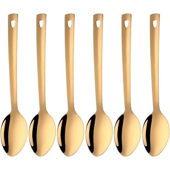 13-Inch Serving Spoons Set of 6, Stainless Steel Long Handle Buffet Serving Spoons for Catering （Gold）