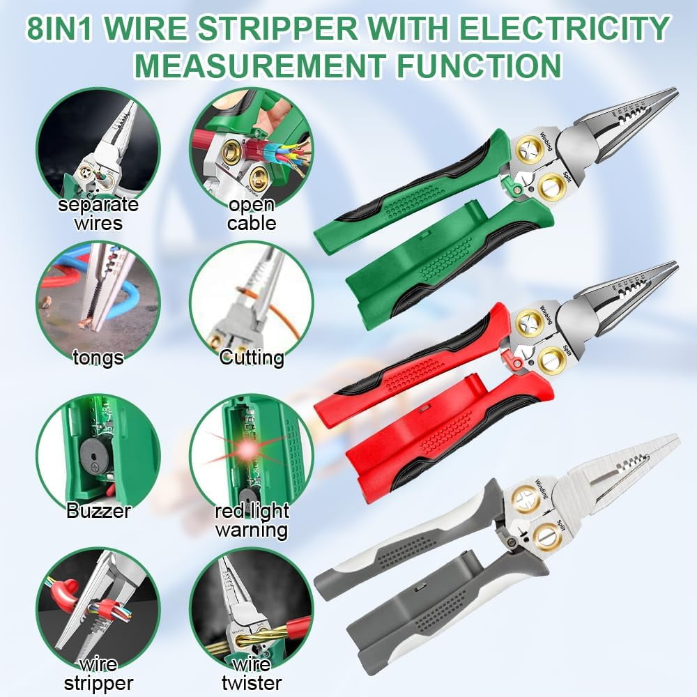 8 IN 1 Wire Strippers Twister with Electricity Measurement Function,Multifunctional Wire Stripping Pliers for Cutting and Pulling Wires Cable Scissors,Scraping and Pressing with Voltage Test (Red)