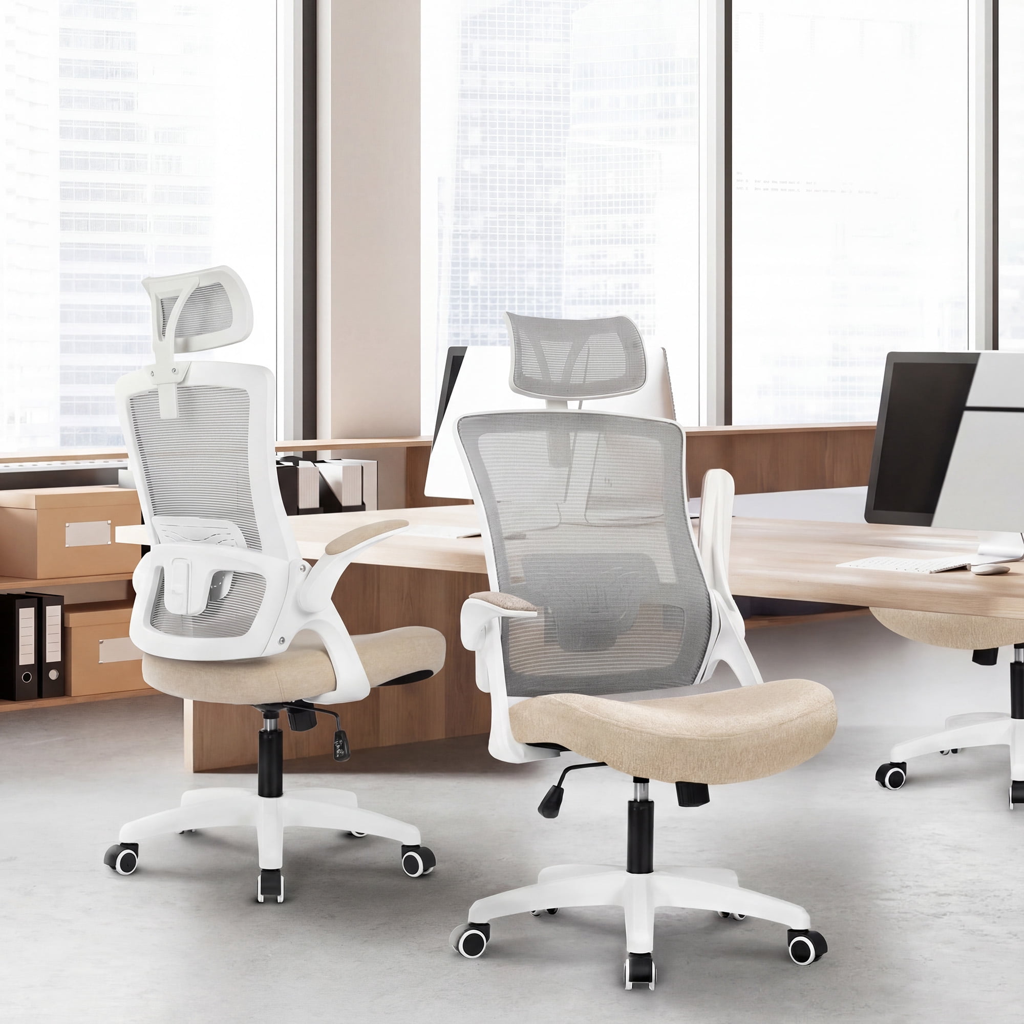 NEO Chair Office Desk Chair Gaming Computer High Back Support Mesh Comfy Seat with Adjustable Ergonomic Headrest Lumbar Rolling Flip-up Armrests and Wheels (Beige)