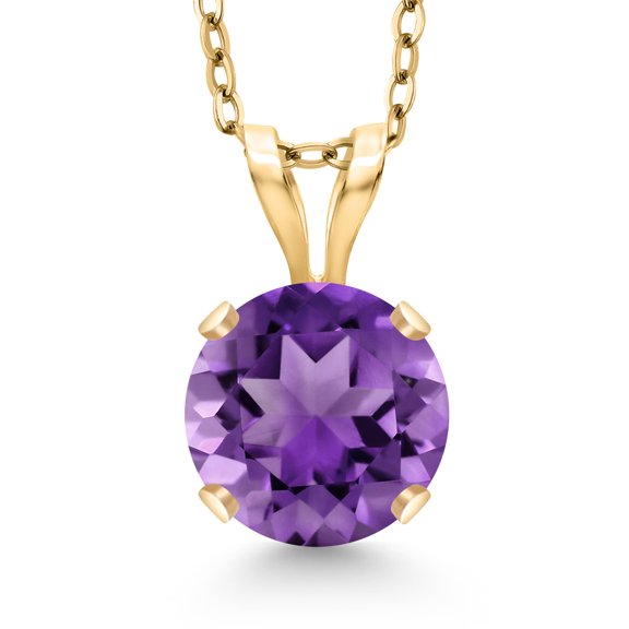 Gem Stone King 14K Yellow Gold Purple Amethyst Pendant Necklace for Women | 1.00 Cttw | Gemstone February Birthstone | Round 6MM | With 18 inch Silver Chain