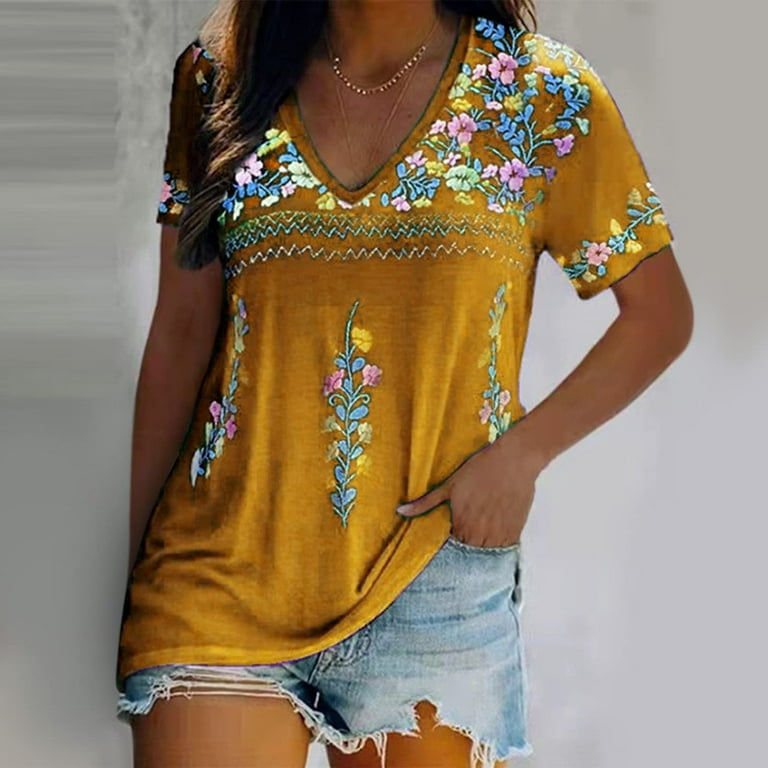 Yyeselk Women's Mexican Embroidered Tops Traditional Boho Hippie