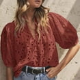 thumbnail image 3 of EFINNY Women's Summer Top Lantern Sleeve V-neck Button Up Shirts Hollow Out Lace Embroidered Blouse for Women, 3 of 8