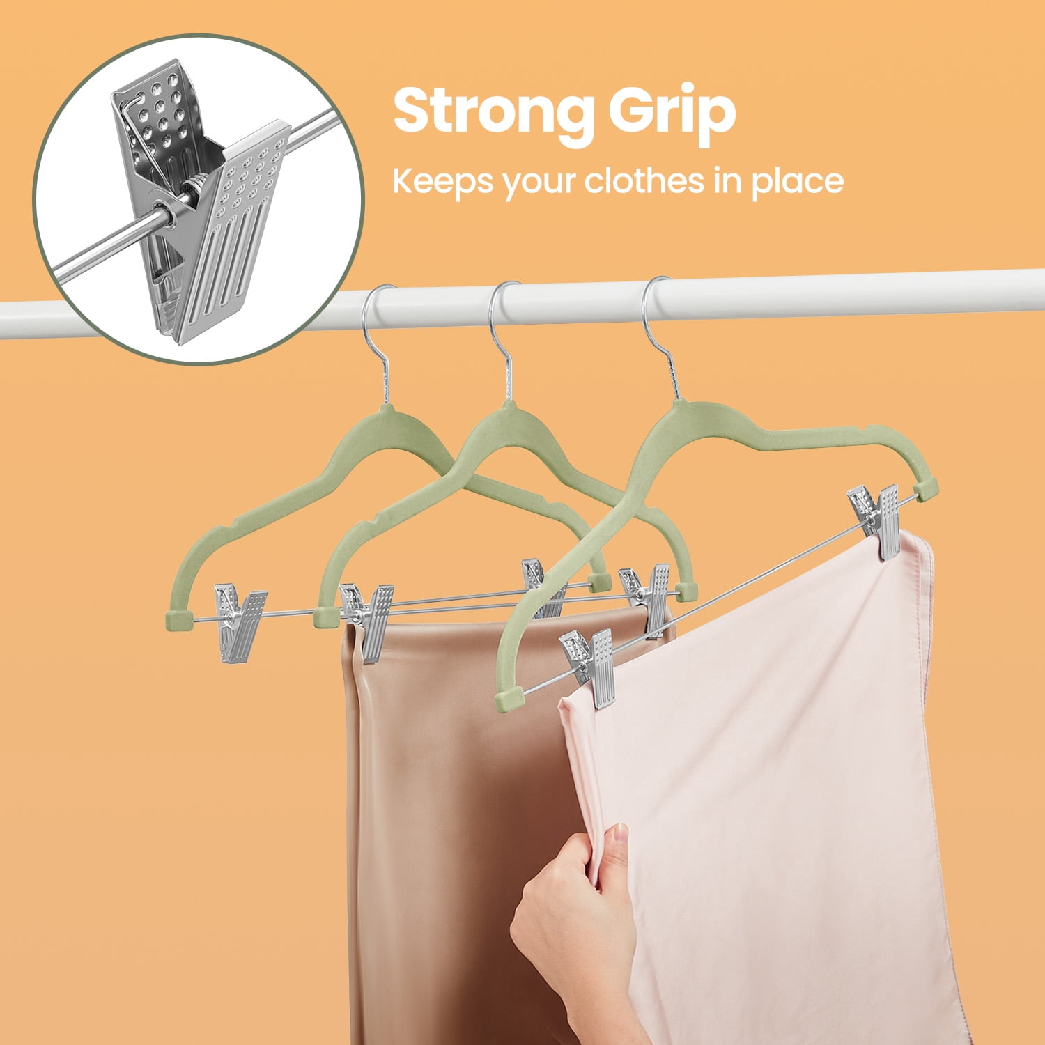 LEDREM 30-Pack Adjustable Velvet Hangers, Heavy-Duty Non-Slip Skirt Hangers, Pants Hangers with Movable Clips, Space-Saving for Dresses & Coats, Pale Green