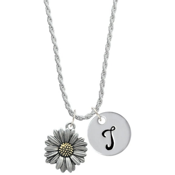 Delight Jewelry Two-tone Large Daisy Flower Silvertone Script Initial Disc - T - Charm Necklace, 20"+3"