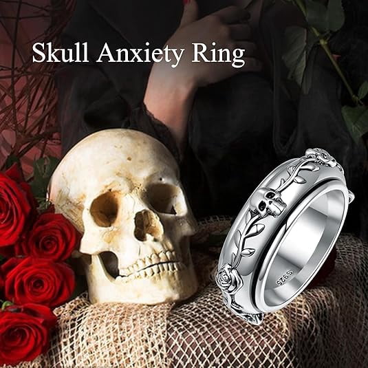 Skull Fidget Spinner Ring 925 Sterling Silver Anxiety Ring for Women Gothic Jewelry Gift for Men(Size 8)