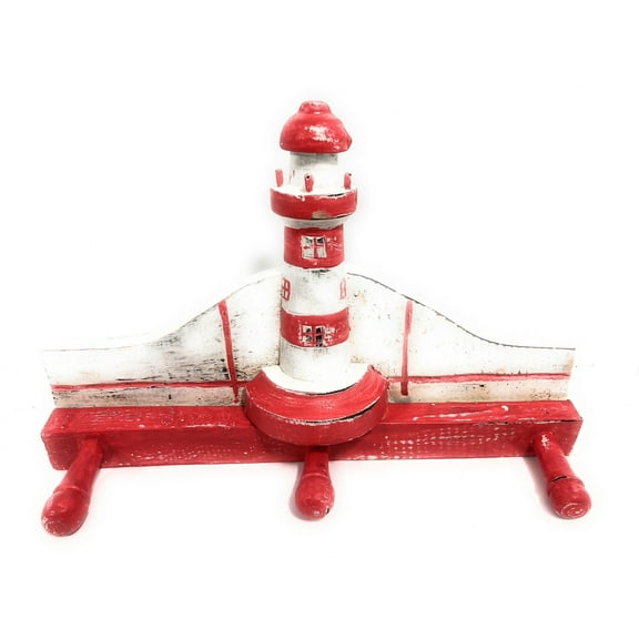 Lighthouse Hanger 12" w/ 3 Pegs - Rustic Red Nautical Accent | #ort1700528r