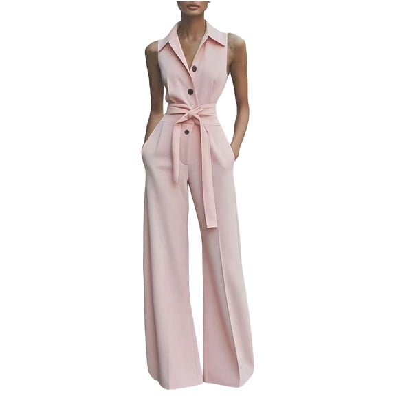 Idoravan Jumpsuits for Women Casual Wide Leg Womens Fashion Summer Solid Casual Sleeveless Button Belt Long Jumpsuit