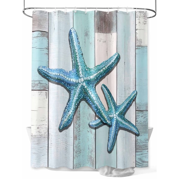 Fsddascl Teal Blue Starfish Shower Curtain Set - Long 72" x 84" Washable Bathtub Curtain with 12 Hooks, Summer Beach Coastal Retro Wooden Waterproof Fabric Stall Shower Curtains for Bathroom/Bathtub