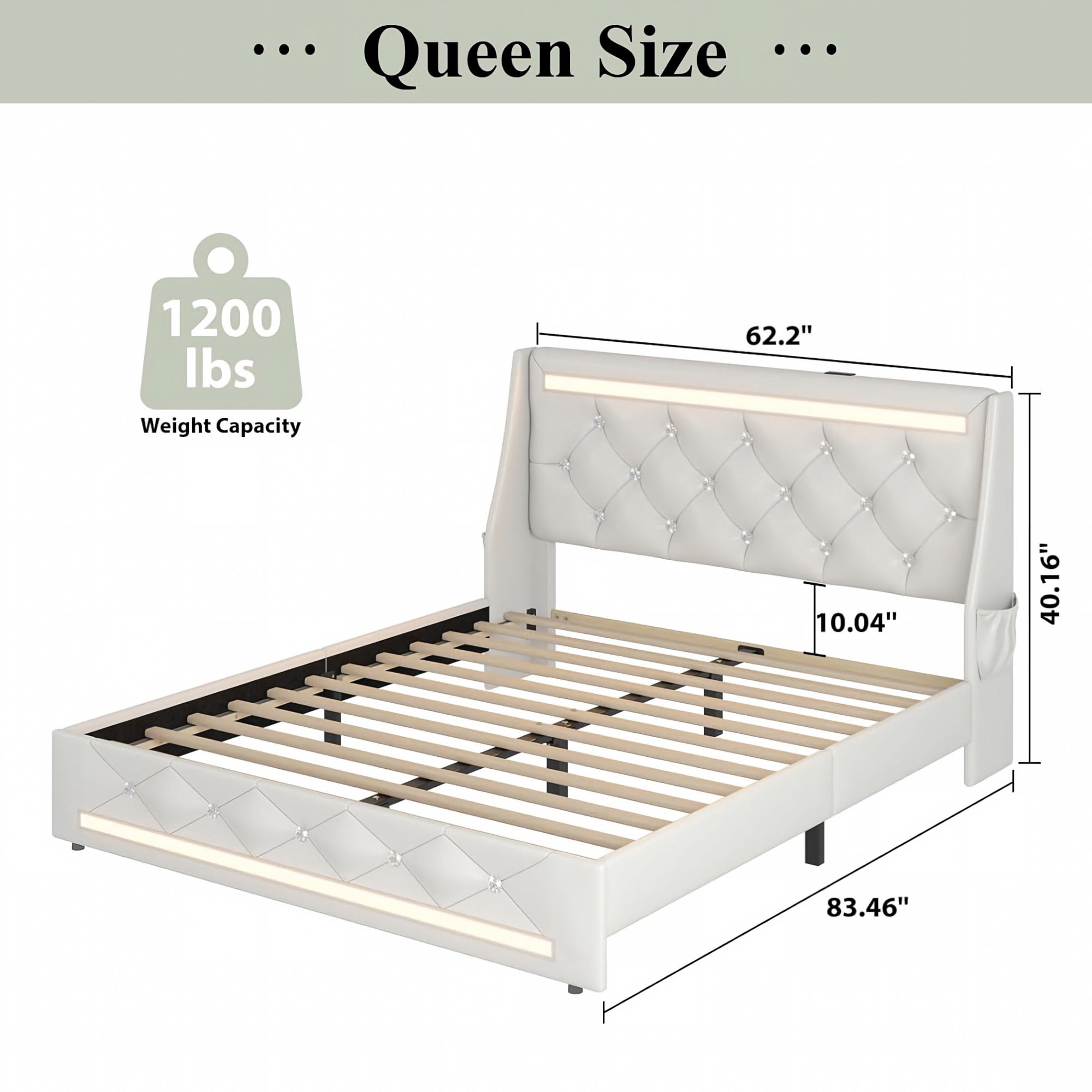 BSHTI Queen Size Faux Leather Upholstered Bed Frame with LED Lights, Charging Station, Diamond Headboard, No Box Spring Needed for Bedroom(White)