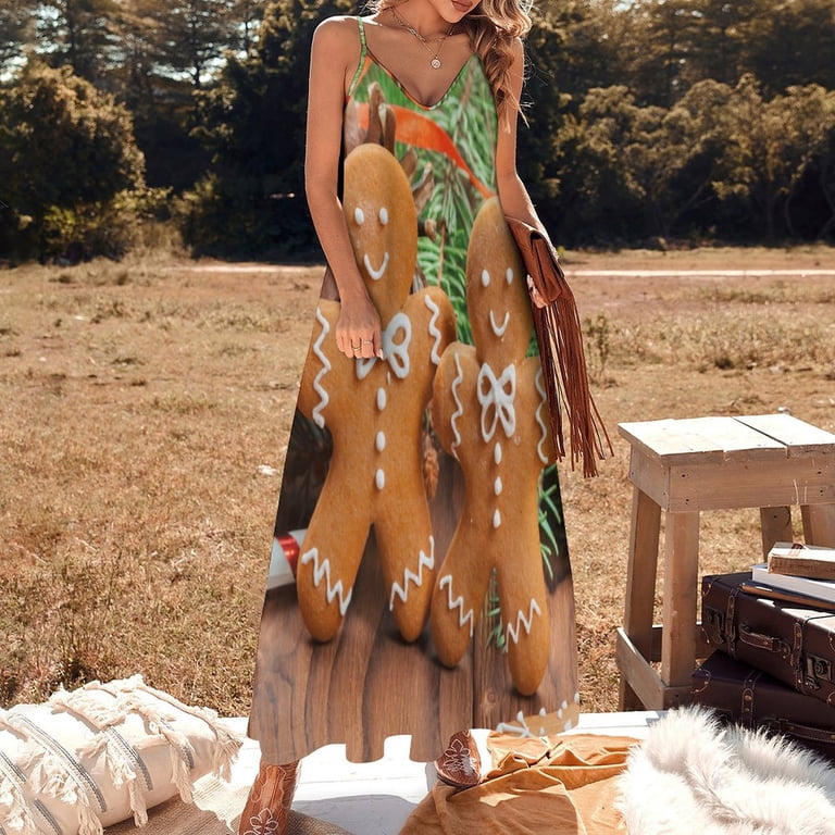 gingerbread christmas dress Homemade Man Cookies Sleeveless Suspender Summer Fashion Casual Long Dress This dress is vintage