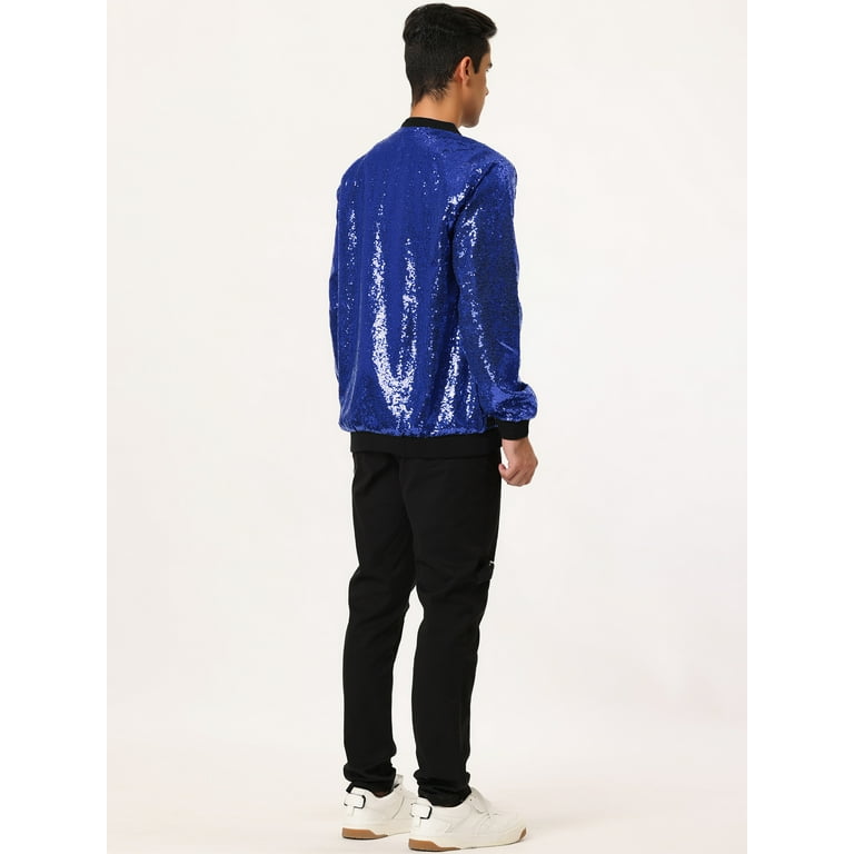 Unique Bargains Men s Long Sleeves Sequin Varsity Zipper Bomber Jacket XL Blue Walmart