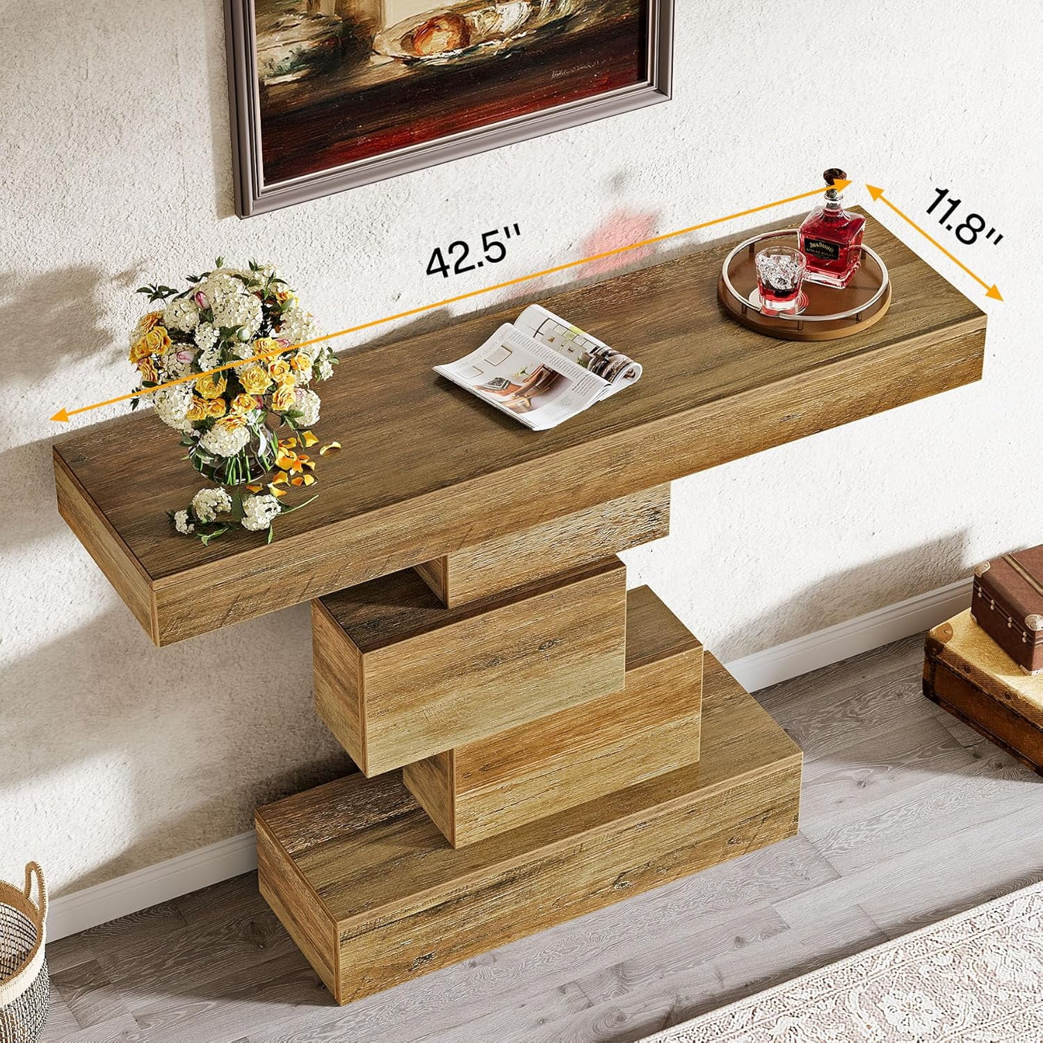 Finmind 42.5" Farmhouse Console Table, Wood Sofa Table for Living Room, Light Brown