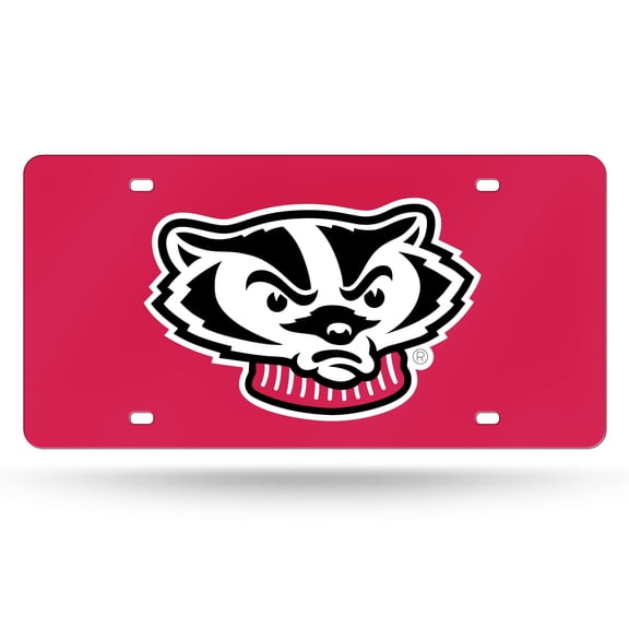 Wisconsin NCAA Badgers Red Mirror Look Acrylic License Plate Laser Tag
