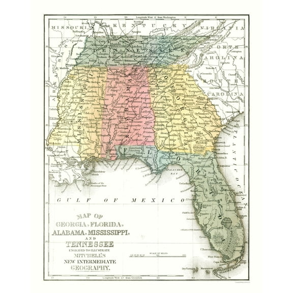 Historic State Map - Southeast Coast - Mitchell 1869 - Vintage Wall Art