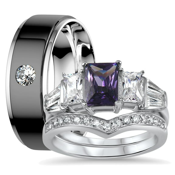 His Hers Sterling Silver Amethyst CZ Bridal Titanium Wedding Band Engagement Ring Set (6/13)