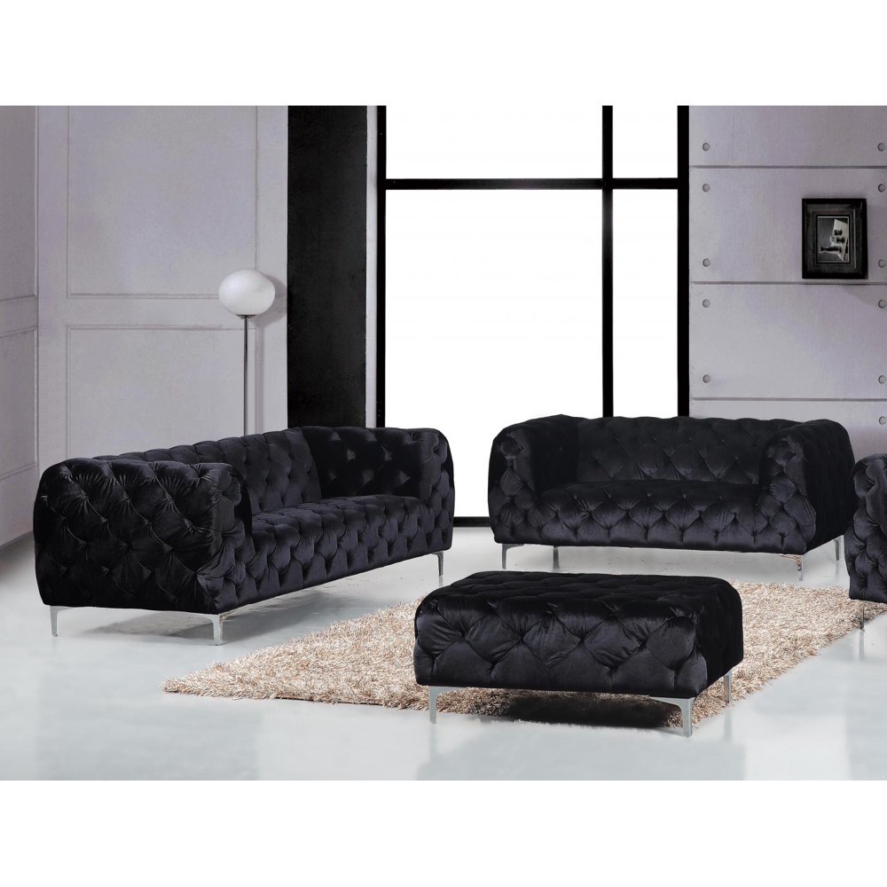 Modern Black Velvet Tufted Sofa & Loveseat Set 2Pc Meridian Furniture