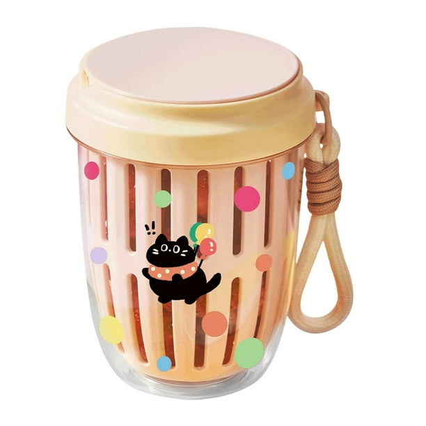 Vaso para ensalada de frutas con tapa y tenedor, multiusos, elegante, de doble capa, con colador extraíble, recipiente para alimentos para fiestas. Rosa