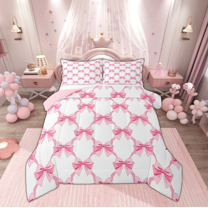 Manfei Kawaii Bowknot Kids Full Size Comforter Sets, Cartoon Pink Ribbon Bedding Comforter Set, Princess Theme Reversible Bedding Sets, Lightweight Room Decor, 3-Piece