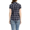 thumbnail image 4 of MODA NOVA Juniors Cotton Boyfriend Button Front Short Sleeves Plaid Shirt XL Dark Blue, 4 of 7
