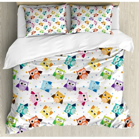 Nursery King Size Duvet Cover Set Dotted Background Colorful Owls