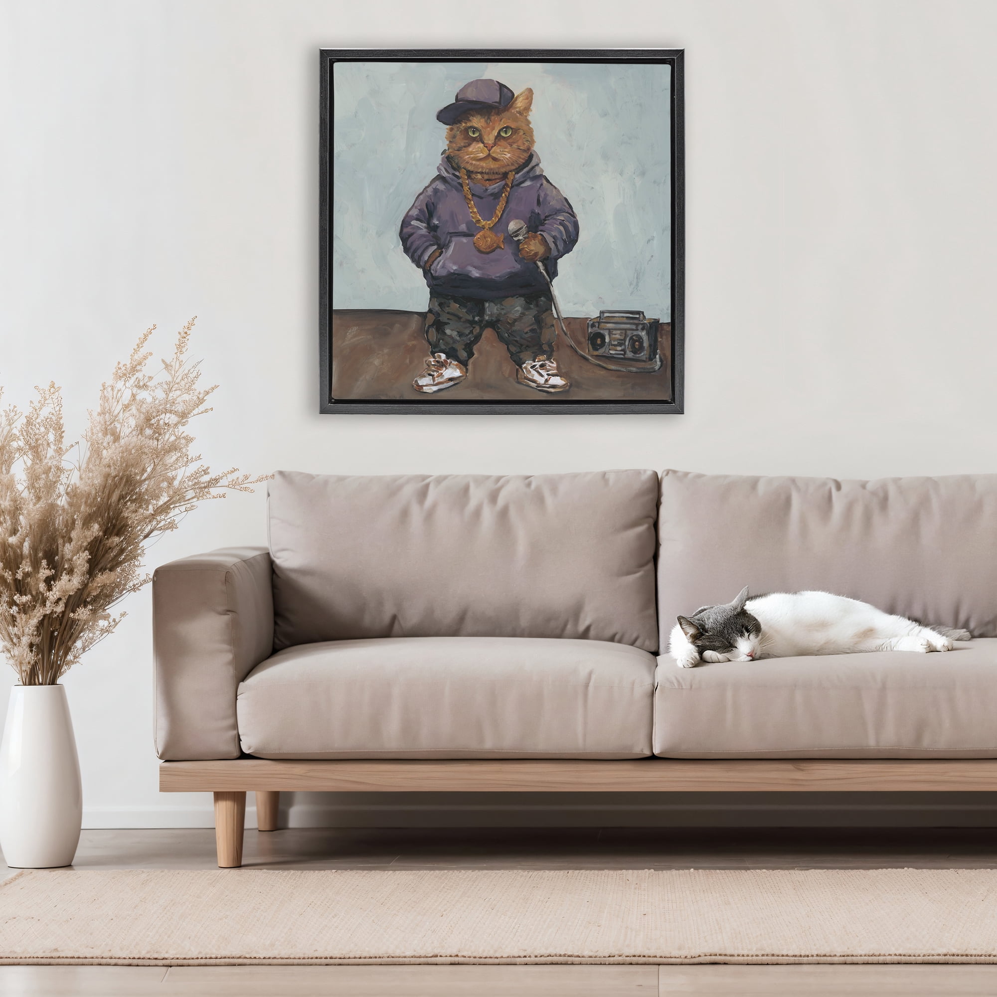 Stupell Industries Urban Hip-Hop Cat Black Framed Floater Canvas Wall Art, design by Studio Bautista