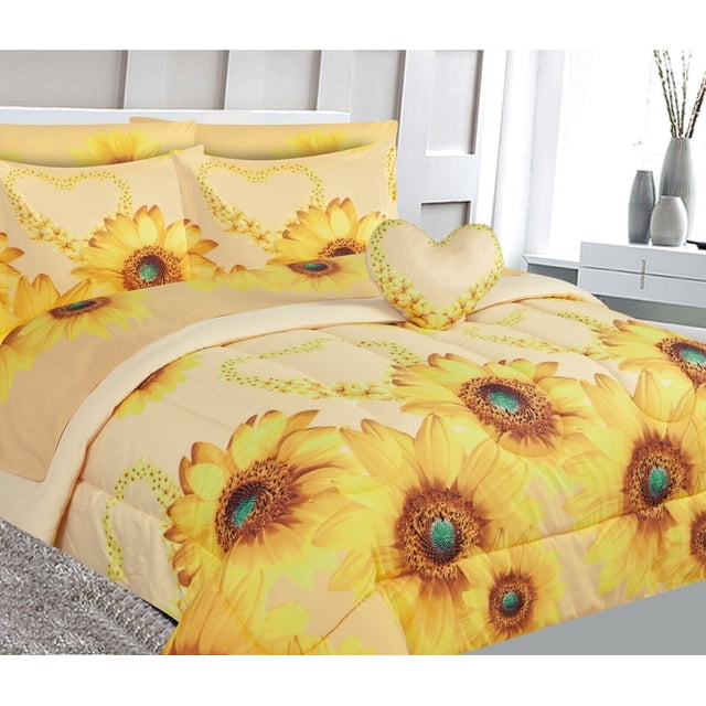 Edredón de cama de tamaño completo con diseño de girasol en color marfil, juego de sábanas a juego para decoración de dormitorio infantil para niñas y niños, 8 piezas