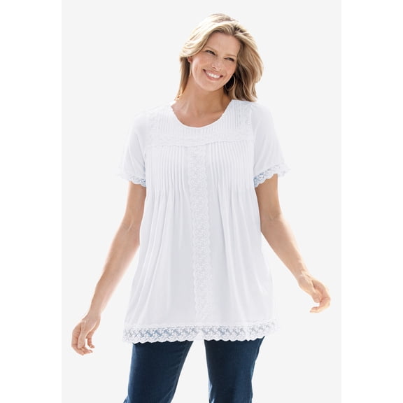Woman Within Plus Size Lace-Trim Pintucked Tunic