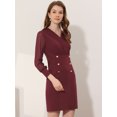 thumbnail image 3 of INSPIRE CHIC Women's Elegant V Neck Sheer Contrast Button Decor A-Line Dress Wine Red S, 3 of 5