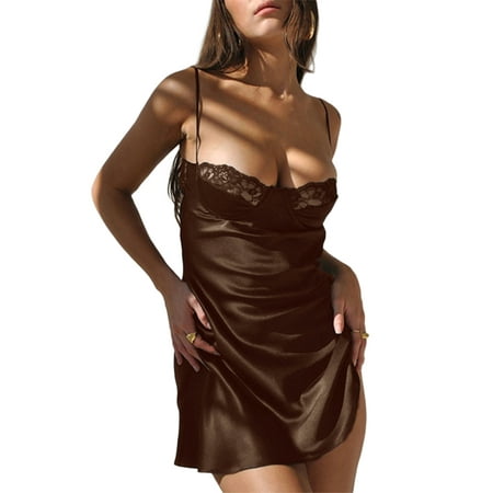 Inevnen Lingerie for Women Satin Lace Chemise Nightgown Silkly Babydoll Sleepwear Dress