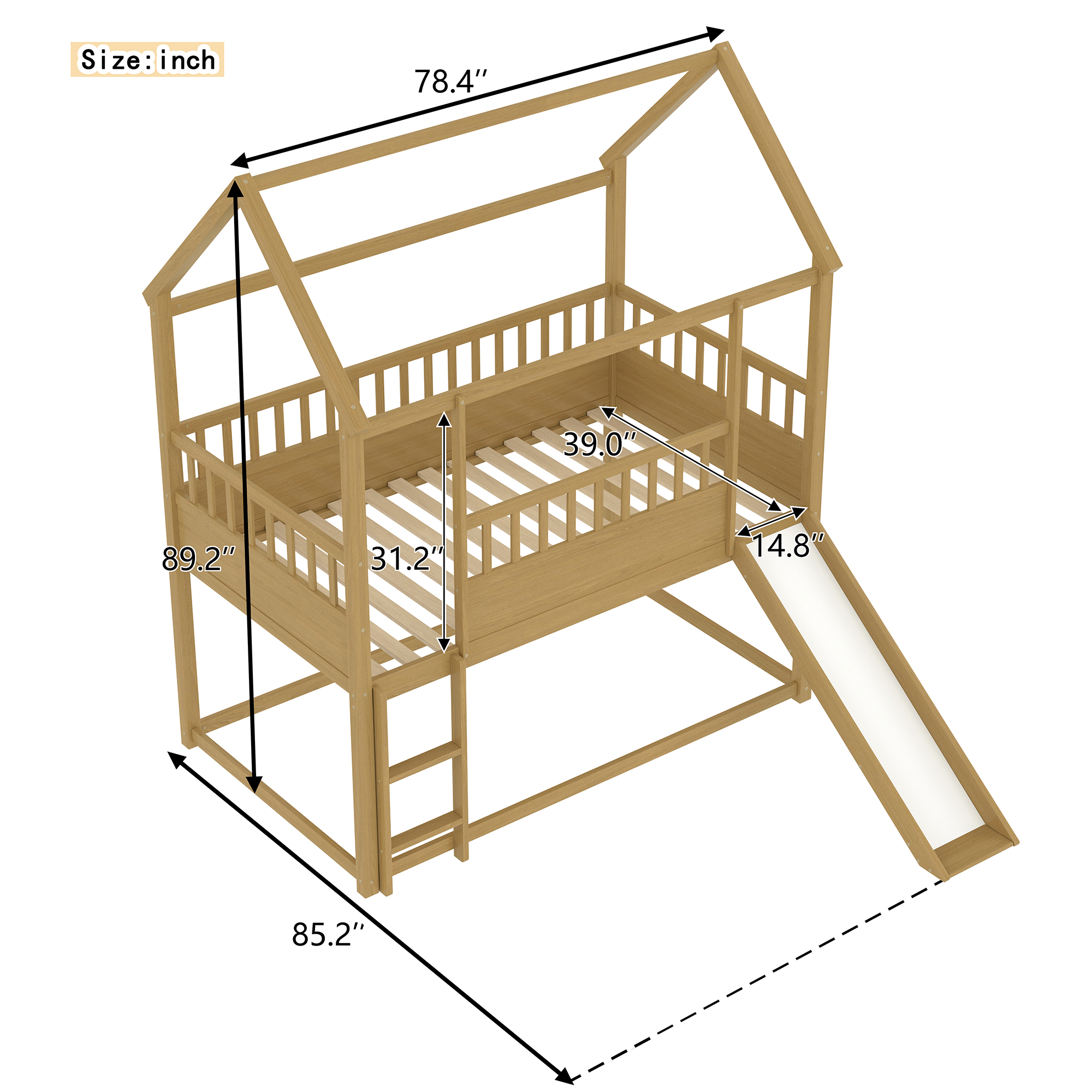 Miniyam Wood Twin Over Twin House Bunk Bed with Slide & Guardrail for Kids, Natural