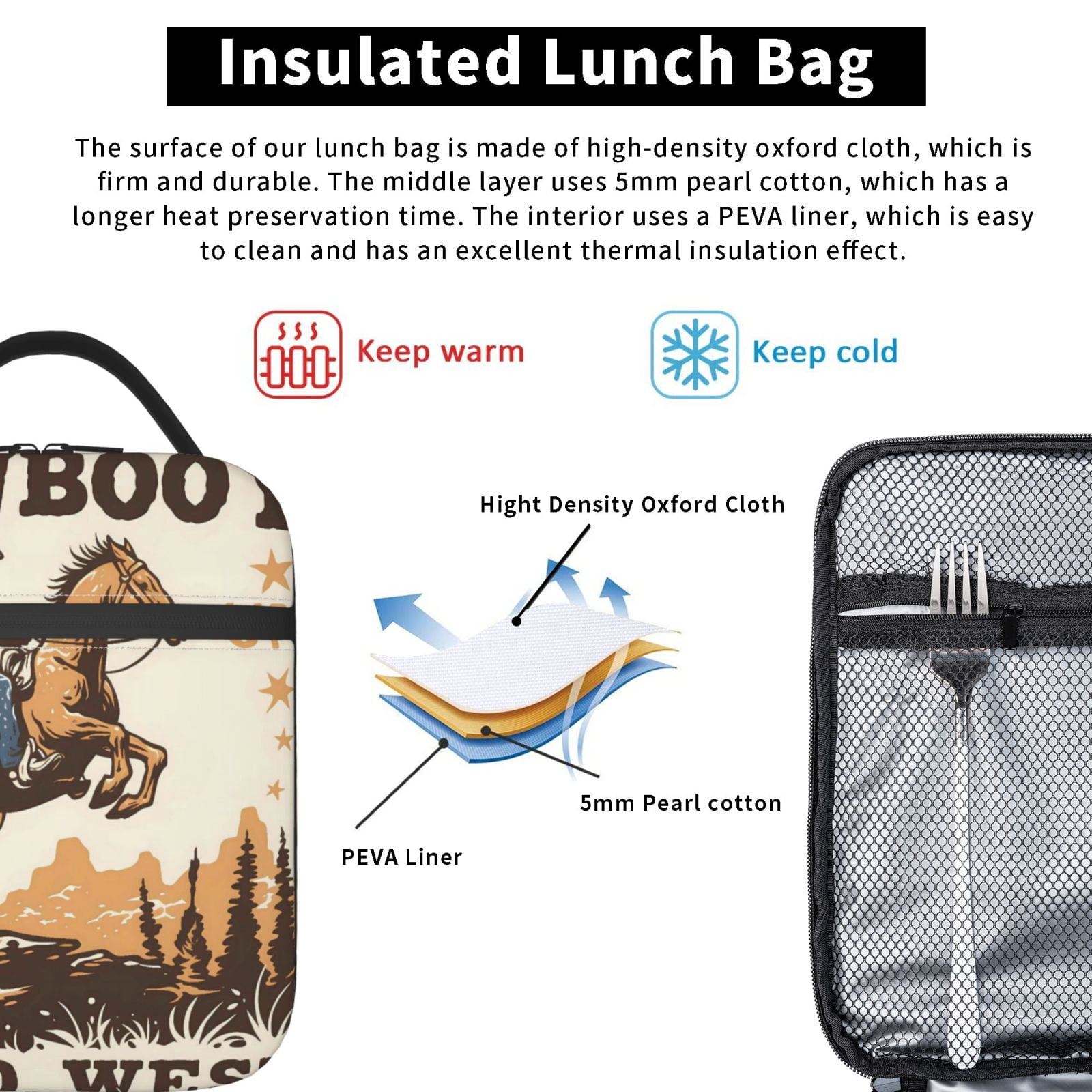 Lunch Bag For Women Men Insulated Portable Lunch Box Bento Box Office Picnic Travel Cooler Bag Cowboy Riding A Horse (3)