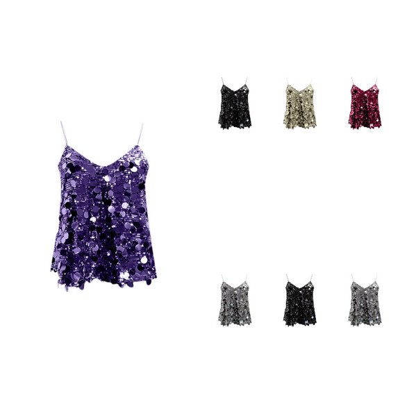 JIAYUE Women's Summer Camisole Glitter V Neck Spaghetti Strap Sequin Solid Color Tank Top Sleeveless Trendy Party Going Out Tops