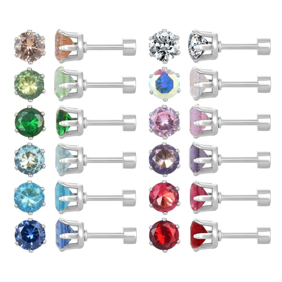 12 Pairs Cartilage Helix Surgical Stainless Steel Stud Earrings, Flat Back Screw Round CZ Brithstone Earrings Set for Women Girls