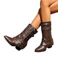 thumbnail image 1 of Pandaie Mid Calf Boots for Women Fold Over Zipper Buckle Riding Booties Wide Calf Platform Motorcycle Cowboy Boot Brown 7, 1 of 9