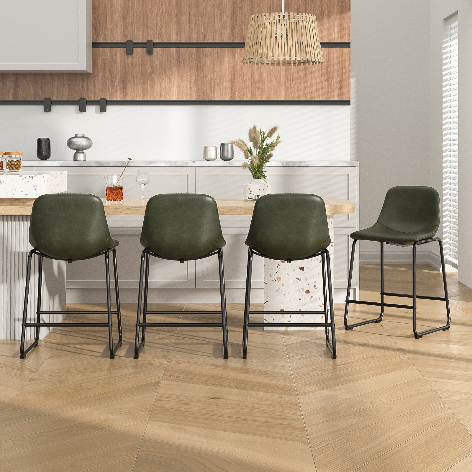 TAVR Furniture 24" Bar Stools Set of 3 with Back, Faux Leather for Home, Kitchen, Green