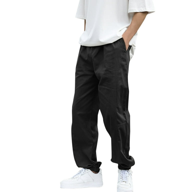 JDEFEG Mens Pants Poplin Pants Male Casual Solid Loose Pants Elastic Waist  Pocket Splice Pant Trousers Pants for Men Workout Pants for Men Polyester,Cotton  Black M 