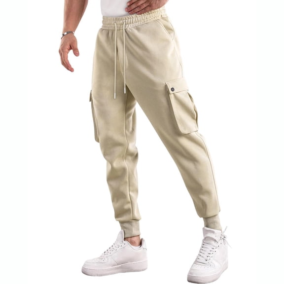 Men's Cargo Jogger Sweatpants Elastic Drawstring Waist Snap Pockets Loose Fitting Casual Daily Outdoor sports pants Beige XXL