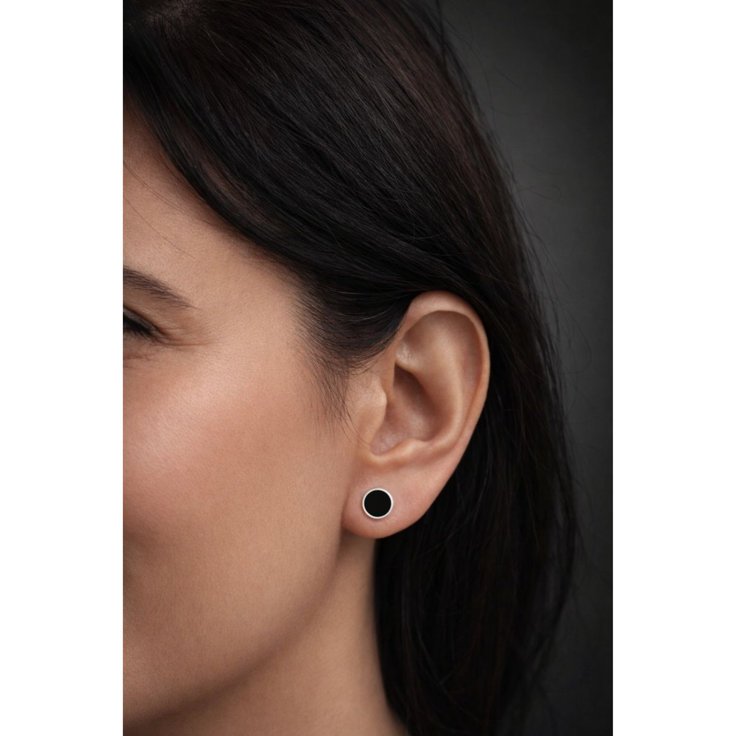 Echmeck Solid 925 Sterling Silver Black Flat Onyx Handmade Stud Earrings for Women Men - 9mm