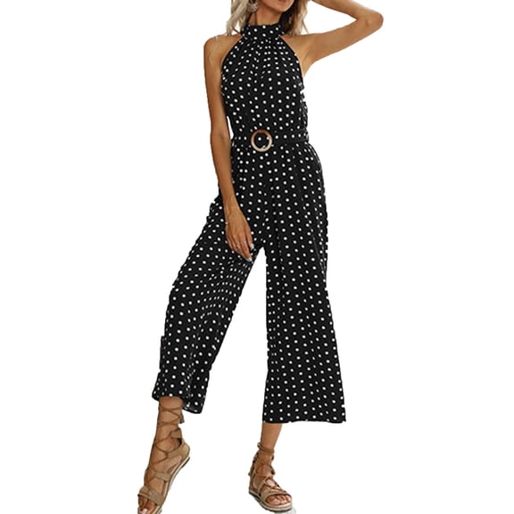 Oplxuo Women's Summer Halter Ploka Dots Jumpsuits, Dressy Casual Sleeveless Wide Leg Rompers One Piece Vacation Outfits