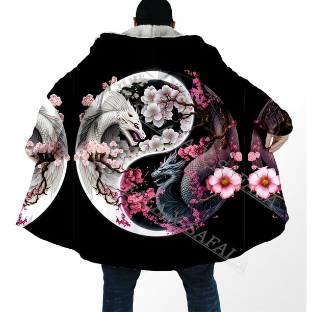 Capa con capucha con estampado 3D de dragón de tatuaje vikingo para hombres, abrigo grueso y cálido, capa de forro polar a prueba de viento, bata, manta con capucha, Yin y Yang,-2