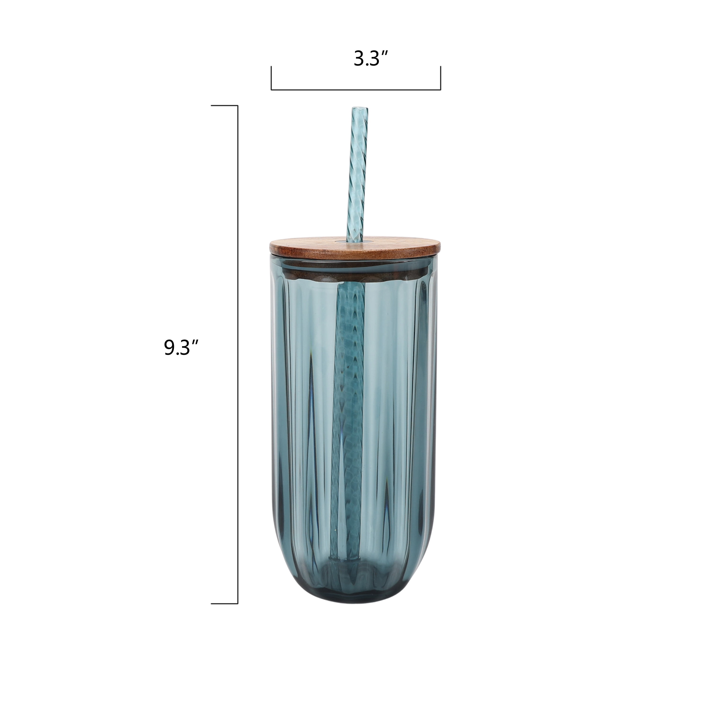 Better Homes & Gardens Fluted 21-Ounce Tritan Plastic Sipper and Straw with Acacia Wood Lid, Blue