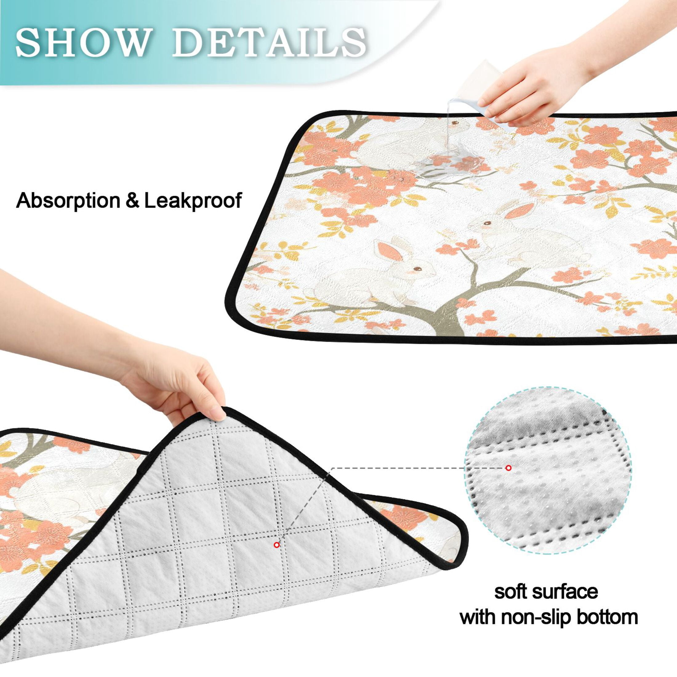 Qxltty Cute Rabbits on Orange Flowers Cat litter Pads Pet Set of 2 Diaper Mats Center Anti-leakage Layer Absorbent Soft and Comfortable